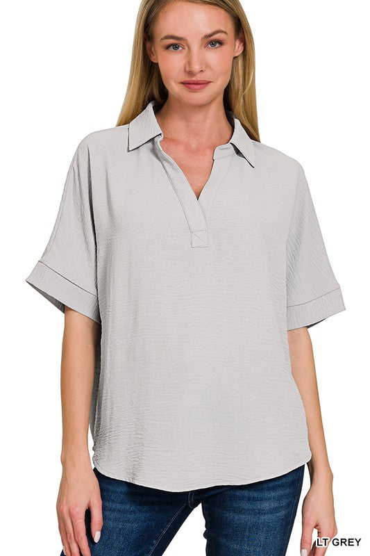 Woven Collared V-Neck Top