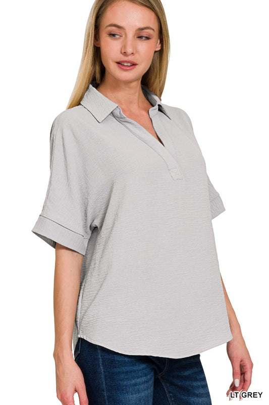 Woven Collared V-Neck Top