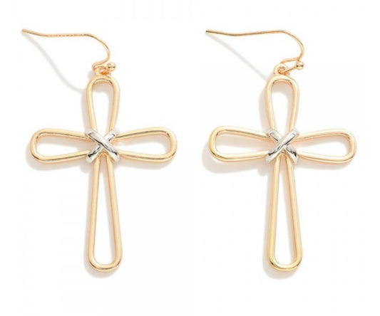 Two Toned Metal Cross Earrings