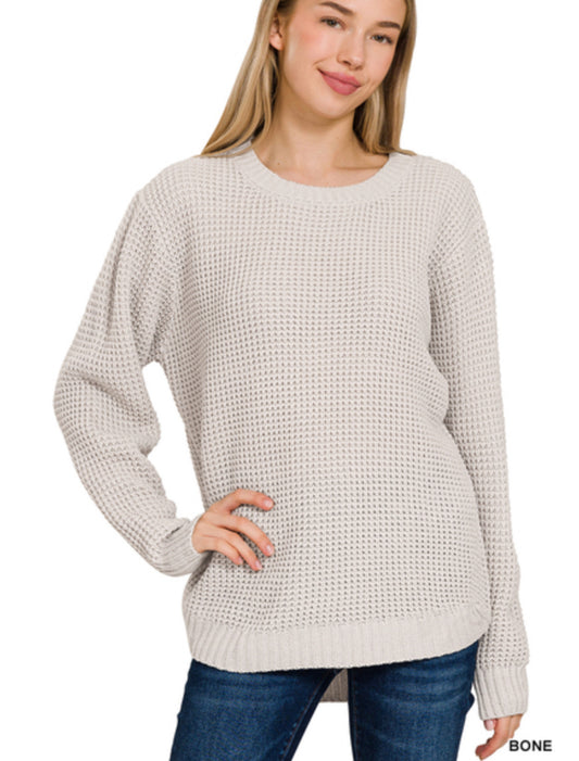 HI-LOW LONG SLEEVE ROUND NECK WAFFLE SWEATER