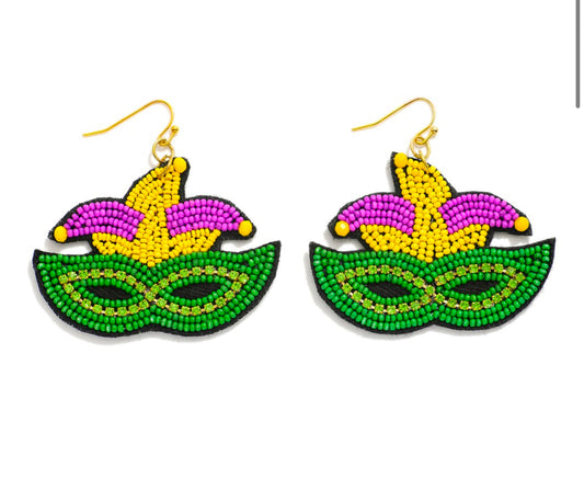 Seed Bead Mardi Gras Mask Drop Earrings With Rhinestone Details