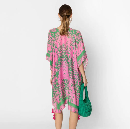 Anthropologie Inspired Kimono pink and green with tassels