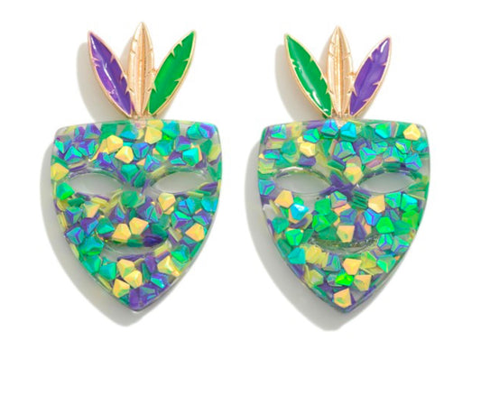 Chunky Mardi Gras Glitter Masquerade Mask Drop Earring