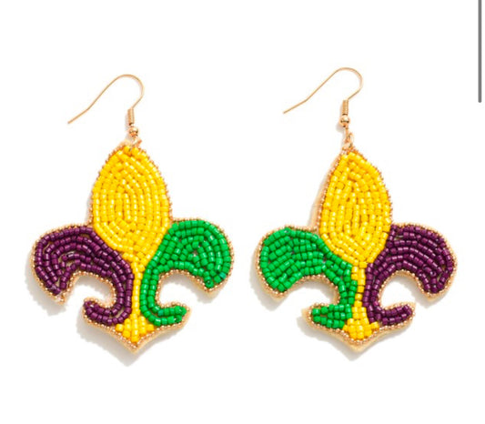 Mardi Gras Fleur De Lis Seed Bead Drop Earrings