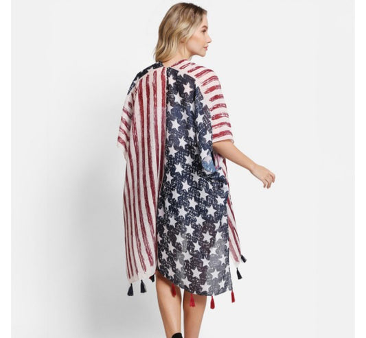 Americana Stars & Stripes Printed Kimono with Tassels