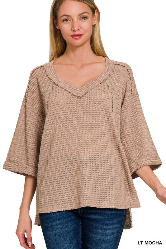 Brushed waffle exposed-seam 3/4 sleeve top