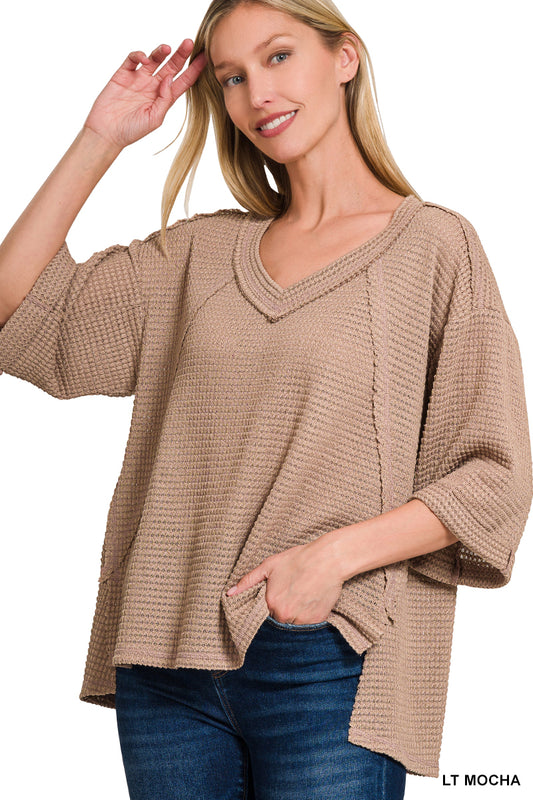 Brushed waffle exposed-seam 3/4 sleeve top